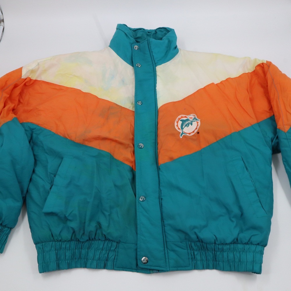 Miami Dolphins Logo 7 Puffer Jacket Mens XL Teal Orange Vintage 90s NFL Chevron
